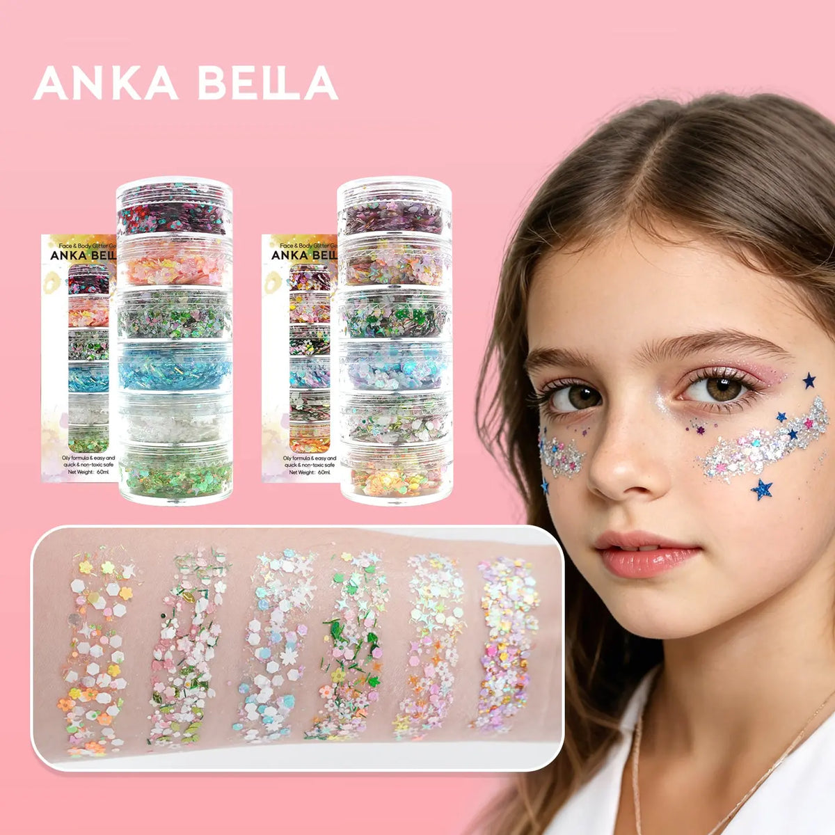 Anka Bella 6 layer stacked body glitter set Style B colorful flower sequins for face body makeup