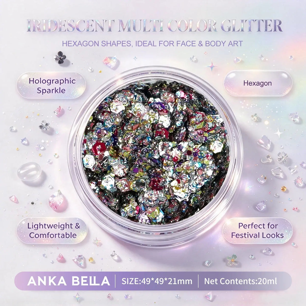 Anka Bella iridescent multi color holographic face body glitter jar, hexagon sequins for festival makeup