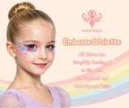 Anka Bella Embossed Palette face paint demo on a child, showing bright, opaque, kid-safe floral eye makeup design.