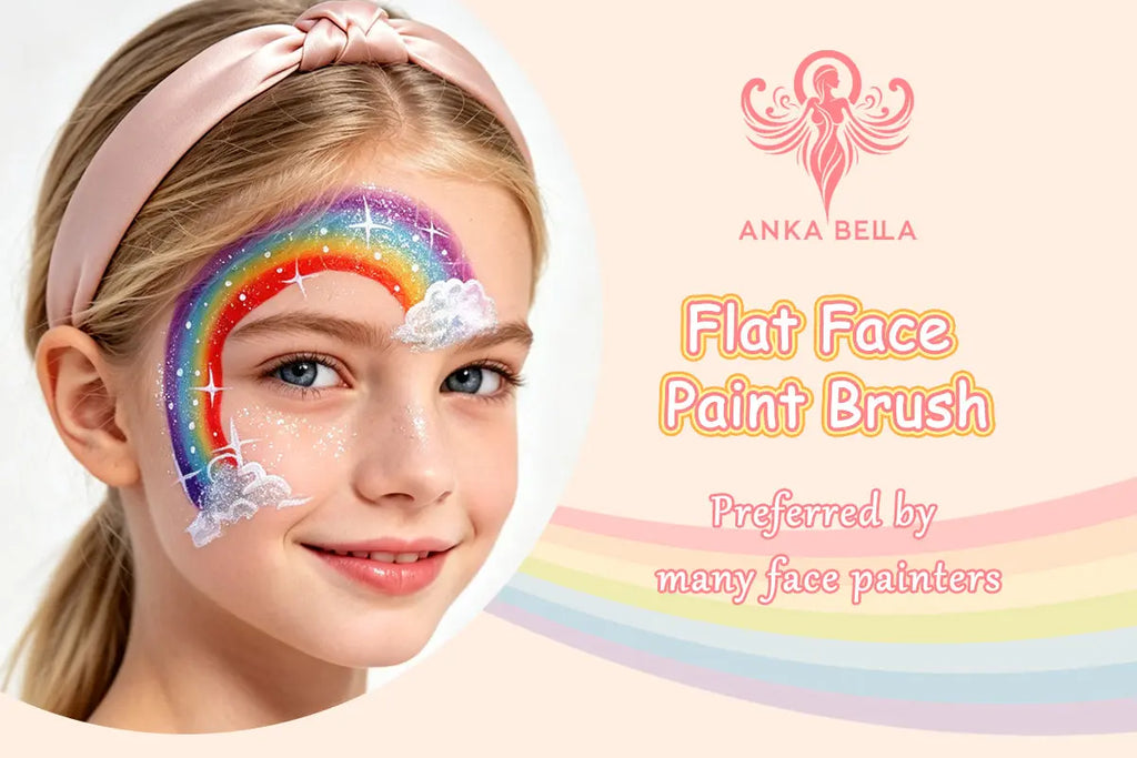 AnkaBella face paint brush application photos, rainbow butterfly mask and soccer flame face paint designs for kids party