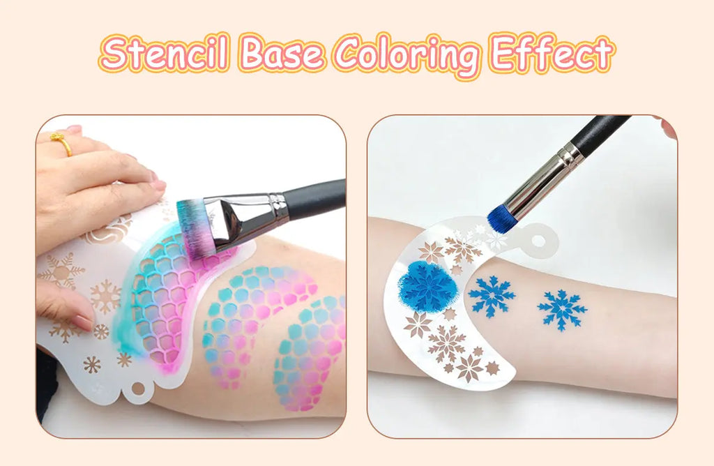 AnkaBella face paint brushes stencil base coloring effect, P01 mermaid scale pattern and P02 snowflake stencil application
