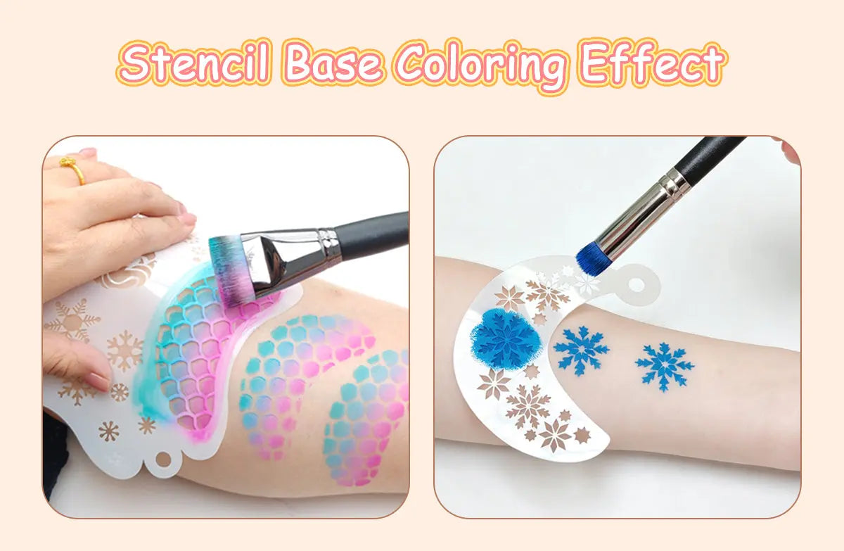 AnkaBella face paint brushes stencil base coloring effect, P01 mermaid scale pattern and P02 snowflake stencil application