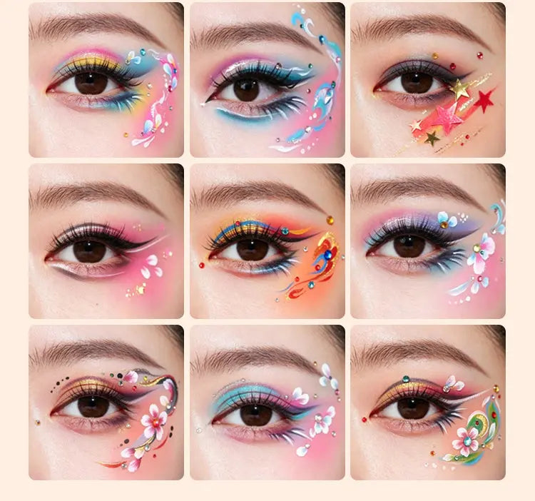 Anka Bella face paint eye makeup looks, 12 vibrant festival and stage design examples with rich, camera-friendly colors.