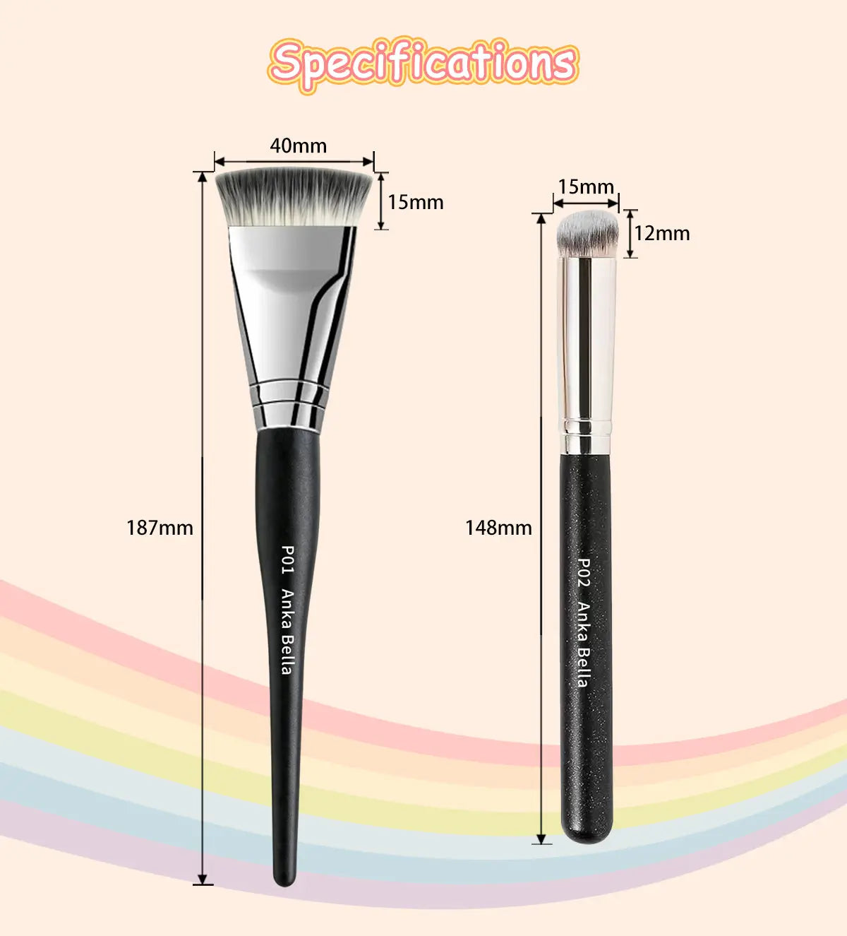 AnkaBella P01 P02 face paint brush specifications, P01 187mm 40mm wide flat head, P02 148mm 15mm round tip