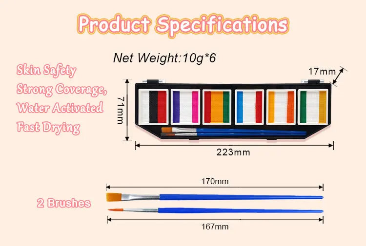 Product specifications of Anka Bella 6-color face paint palette: size 223×71×17mm.