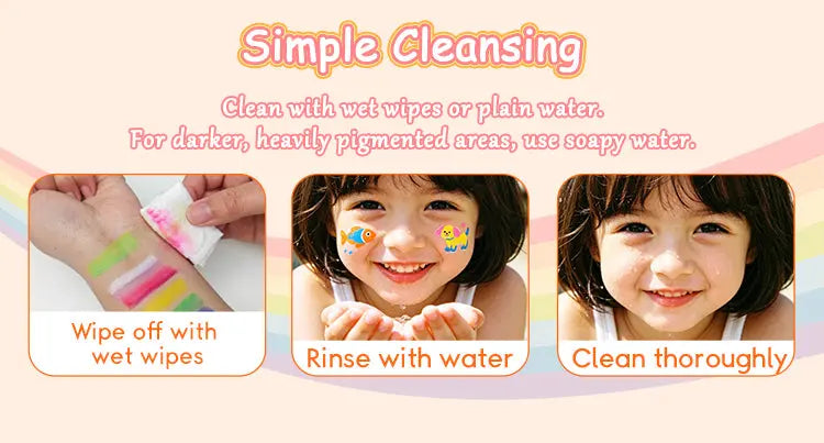Easy to clean face paint: wipe with wet wipes, rinse with water, use soapy water for dark shades.
