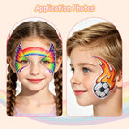 AnkaBella face paint brush application photos, rainbow butterfly mask and soccer flame face paint designs for kids party