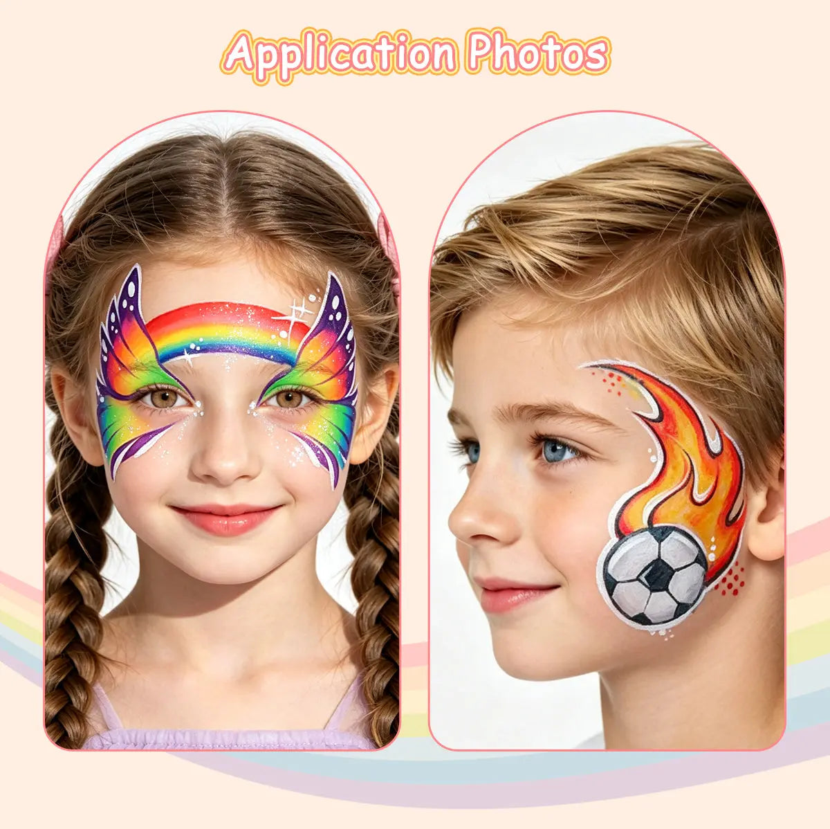 AnkaBella face paint brush application photos, rainbow butterfly mask and soccer flame face paint designs for kids party