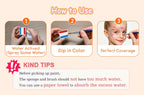 Step-by-step guide for using Anka Bella water-activated face paint: spray water, dip brush, apply evenly.