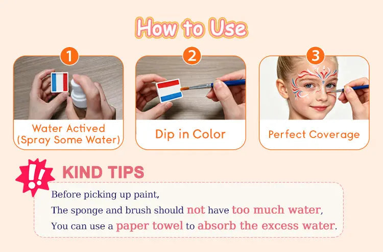 Step-by-step guide for using Anka Bella water-activated face paint: spray water, dip brush, apply evenly.