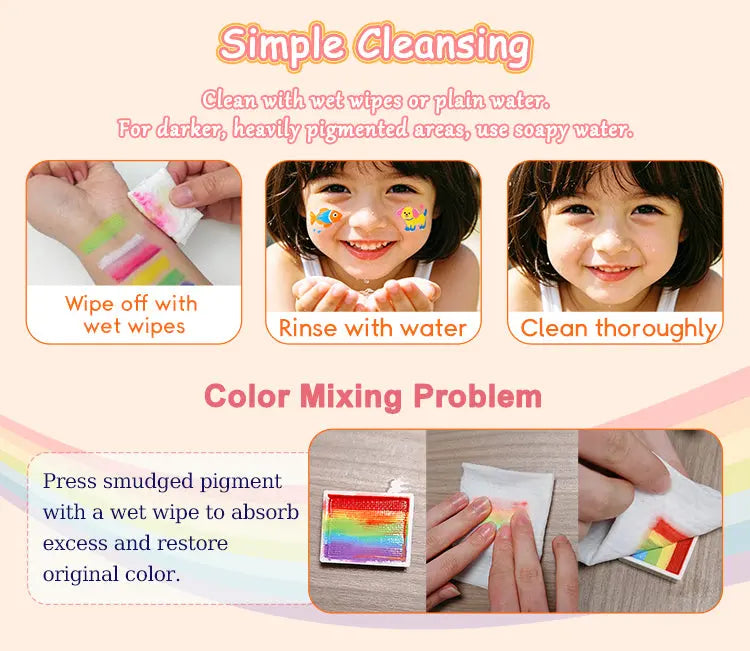 Anka Bella face paint easy cleansing guide: wipe with wet wipes, rinse with water, no stubborn stains left on kids' skin.