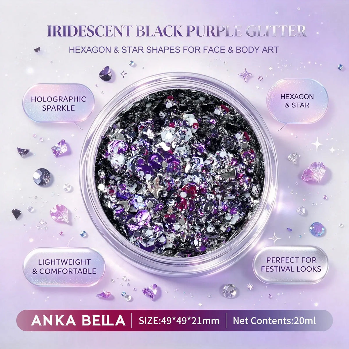 Anka Bella iridescent black purple holographic face body glitter jar, star hexagon sequins for Halloween festival makeup