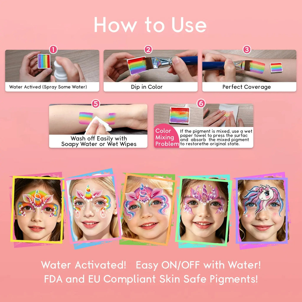 How to use Anka Bella water activated split cake face paint, easy apply and wash off with soapy water