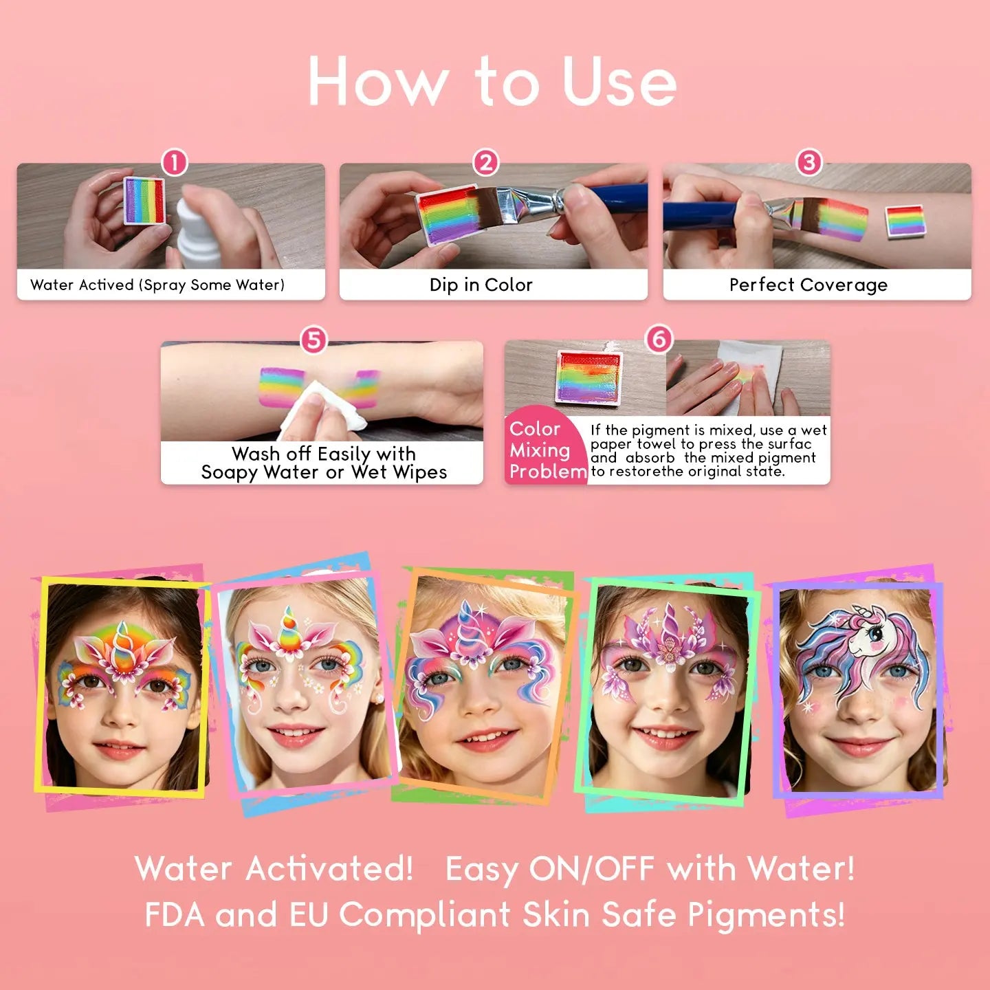 How to use Anka Bella water activated split cake face paint, easy apply and wash off with soapy water