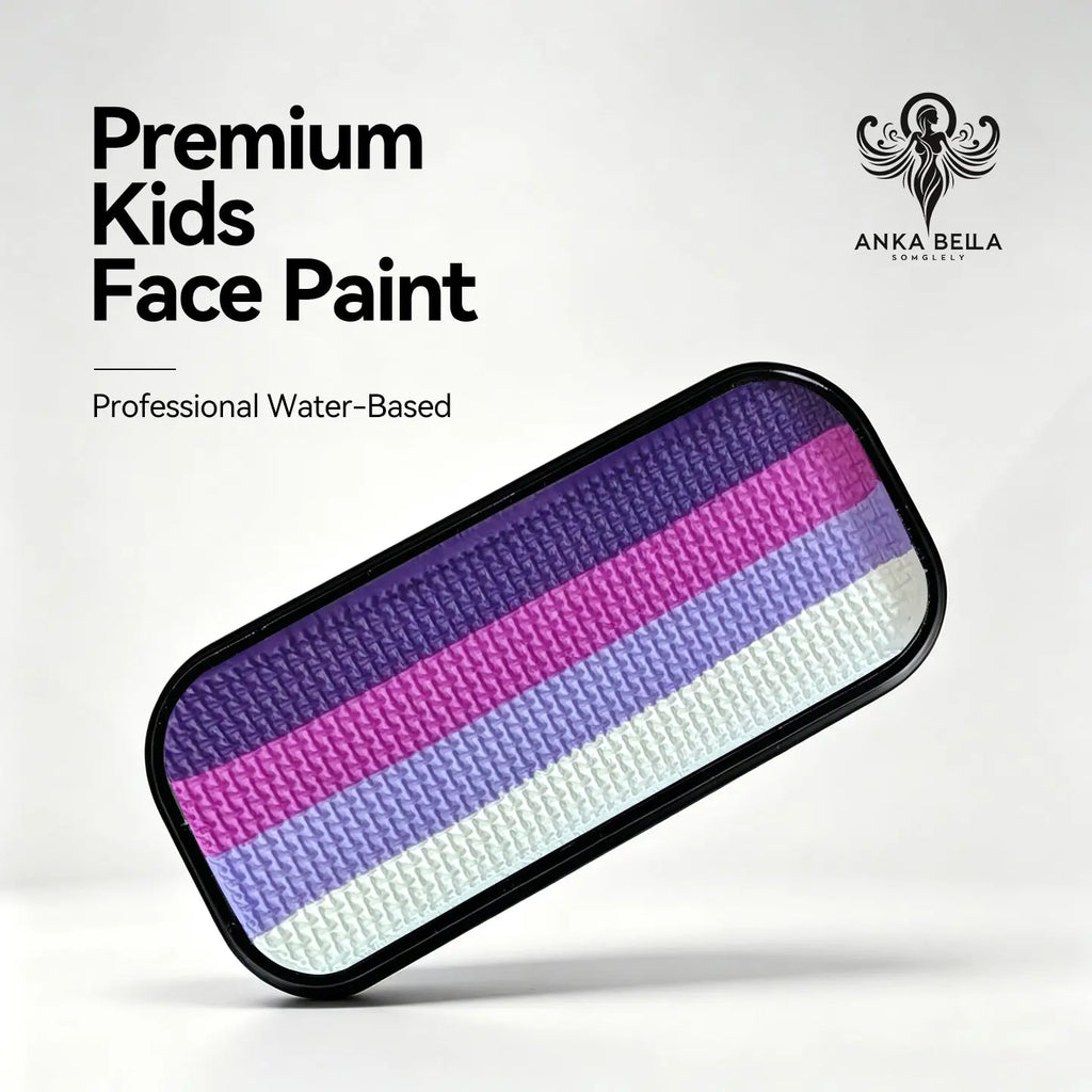 Anka Bella premium kids water-based face paint palette,4 stripe purple magenta lavender white gradient black tin for fairy princess birthday party face and body art