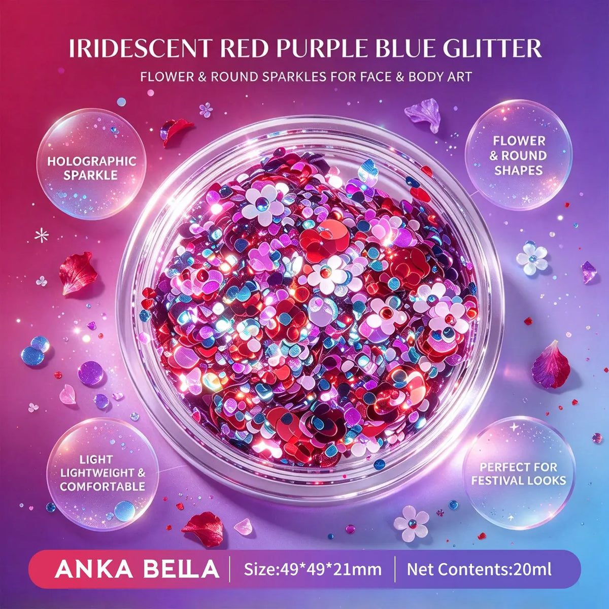 Anka Bella iridescent red purple blue glitter jar, flower round holographic sequins for face body festival makeup