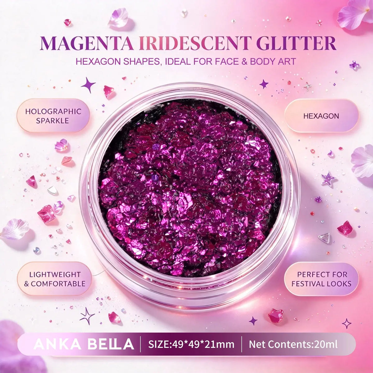 Anka Bella magenta iridescent holographic face body glitter jar, hexagon sequins for festival party makeup