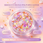 Anka Bella iridescent orange pink purple glitter jar, flower star holographic sequins for face body festival makeup