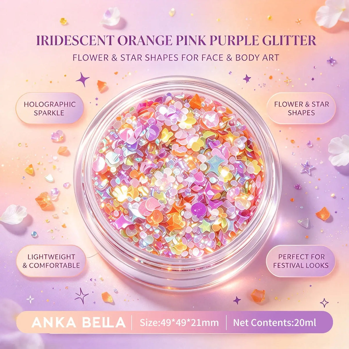 Anka Bella iridescent orange pink purple glitter jar, flower star holographic sequins for face body festival makeup
