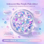 Anka Bella iridescent blue purple pink glitter jar, round petal holographic sequins for face body festival makeup