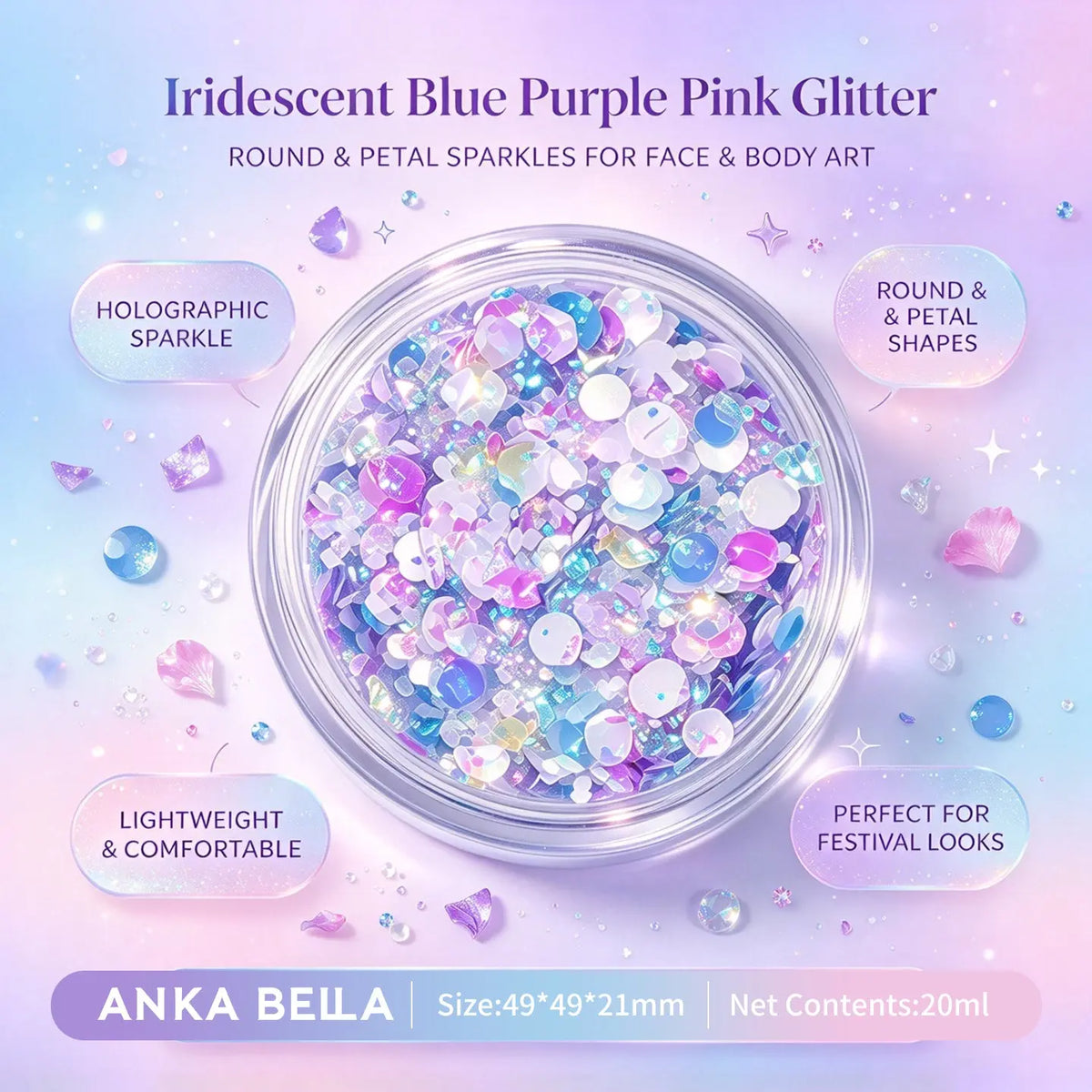 Anka Bella iridescent blue purple pink glitter jar, round petal holographic sequins for face body festival makeup