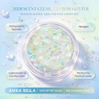 Anka Bella iridescent clear rainbow holographic face body glitter jar, hexagon sequins for wedding festival makeup