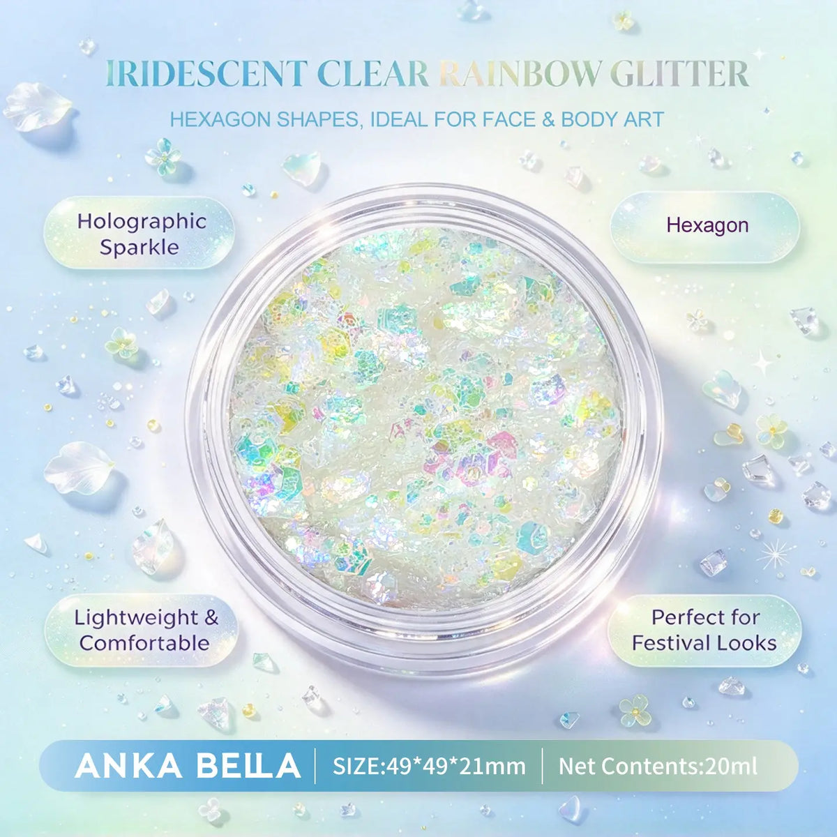 Anka Bella iridescent clear rainbow holographic face body glitter jar, hexagon sequins for wedding festival makeup