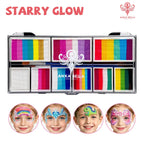 Close-up of AnkaBella Starry Glow face paint palette with vibrant rainbow split colors.