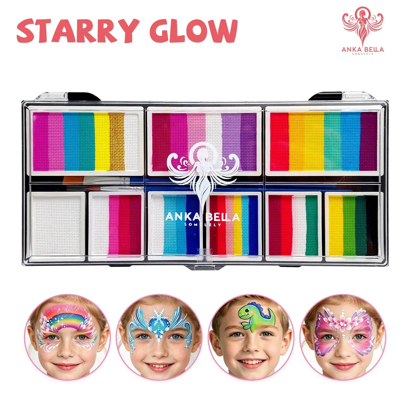 Close-up of AnkaBella Starry Glow face paint palette with vibrant rainbow split colors.
