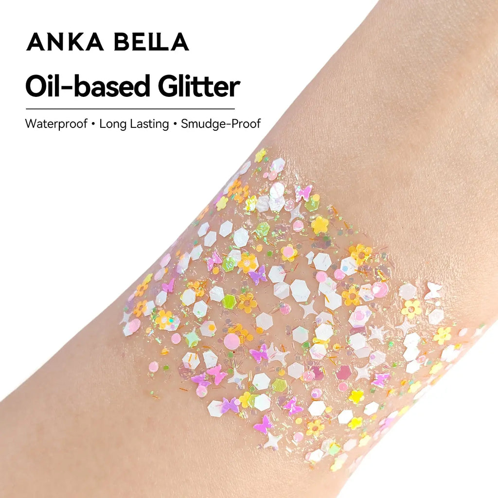 Anka Bella Iridescent Flower Glitter, Skin-safe Petal Sequins for Face & Body Art, Festival Makeup Anka Bella