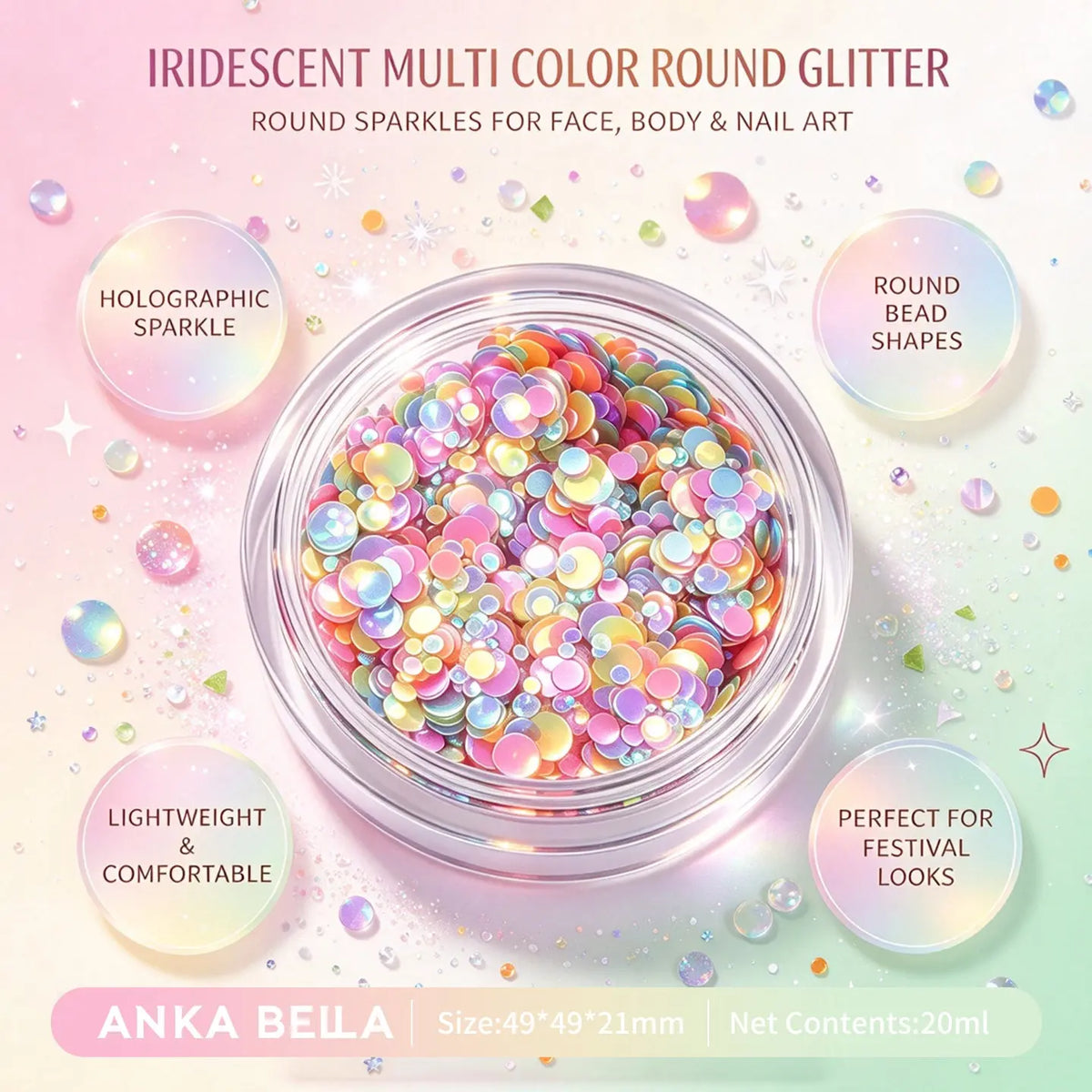 Anka Bella iridescent multi color round glitter jar, holographic round sequins for face body nail festival makeup