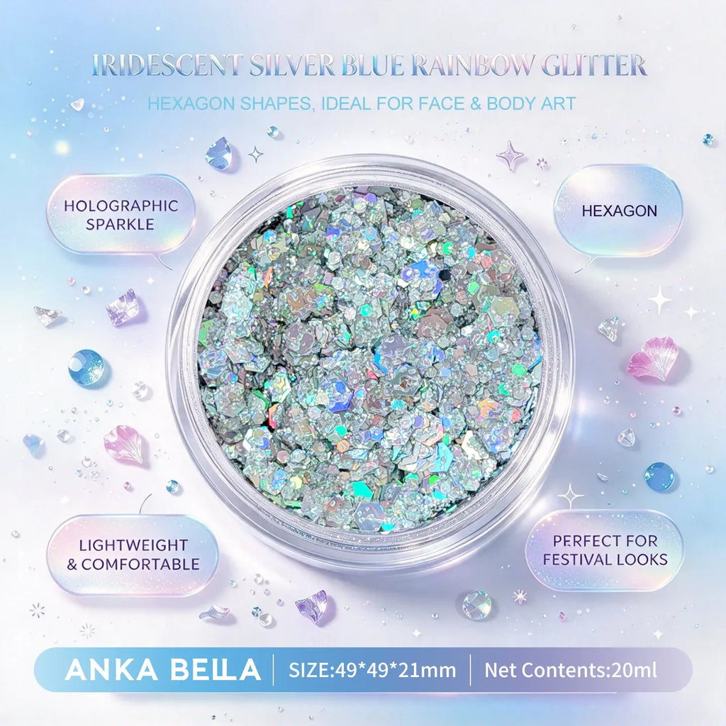 Anka Bella iridescent silver blue rainbow holographic face body glitter jar, hexagon sequins for festival party makeup