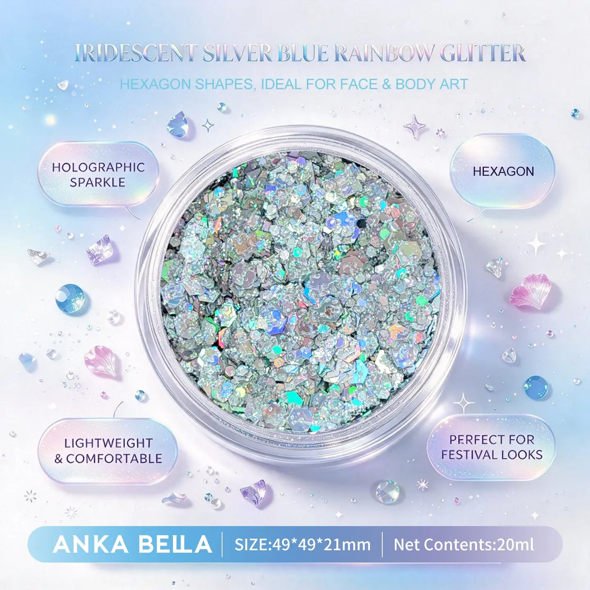 Anka Bella iridescent silver blue rainbow holographic face body glitter jar, hexagon sequins for festival party makeup