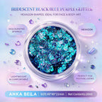 Anka Bella iridescent black blue purple holographic face body glitter jar, hexagon sequins for festival makeup