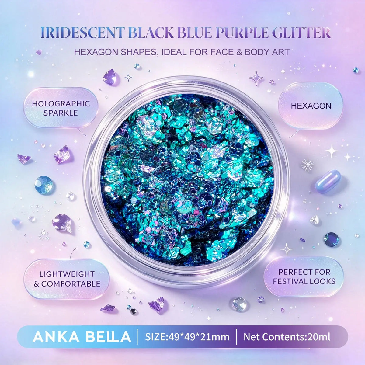 Anka Bella iridescent black blue purple holographic face body glitter jar, hexagon sequins for festival makeup