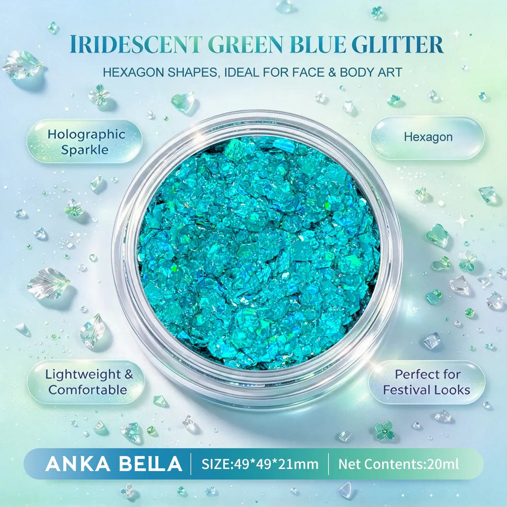 Anka Bella iridescent green blue holographic face body glitter jar, hexagon sequins for festival party makeup