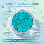 Anka Bella iridescent green blue holographic face body glitter jar, hexagon sequins for festival party makeup