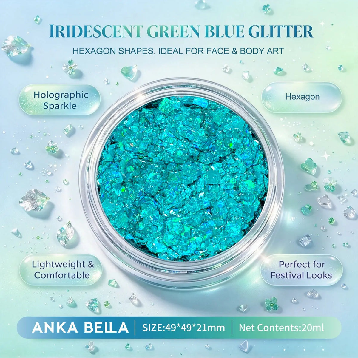 Anka Bella iridescent green blue holographic face body glitter jar, hexagon sequins for festival party makeup