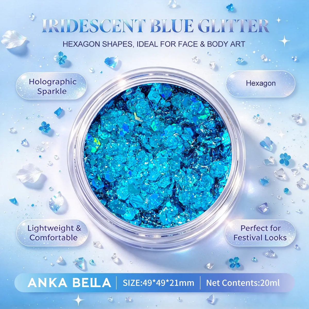 Anka Bella iridescent blue holographic face body glitter jar, hexagon sequins for festival party makeup
