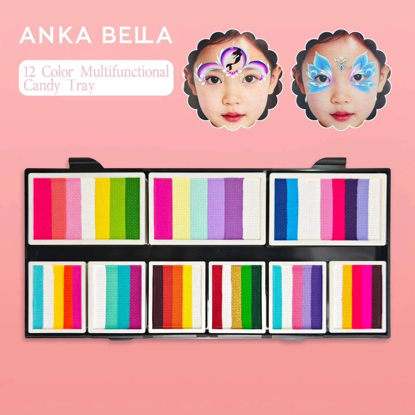 Anka Bella 12‑Color Multifunctional Candy Tray split cake face paint palette, water‑activated rainbow face body paint for professional painters