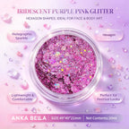 Anka Bella iridescent purple pink holographic face body glitter jar, hexagon sequins for wedding festival makeup