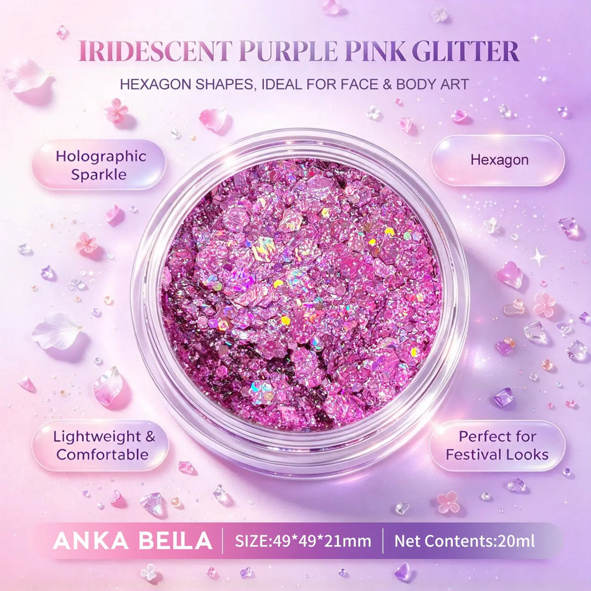 Anka Bella iridescent purple pink holographic face body glitter jar, hexagon sequins for wedding festival makeup