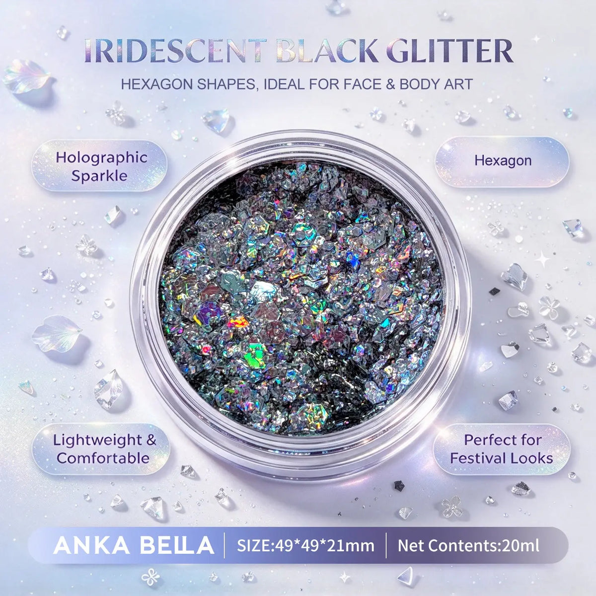 Anka Bella iridescent black holographic face body glitter jar, hexagon sequins for Halloween festival makeup