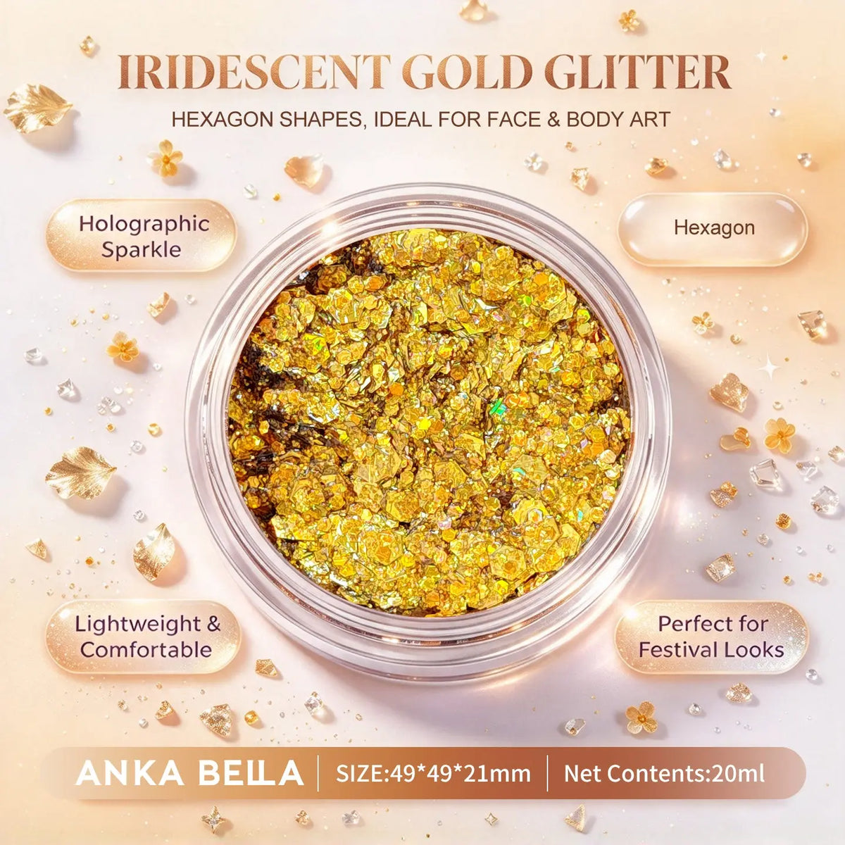 Anka Bella iridescent gold holographic face body glitter jar, hexagon sequins for wedding festival makeup