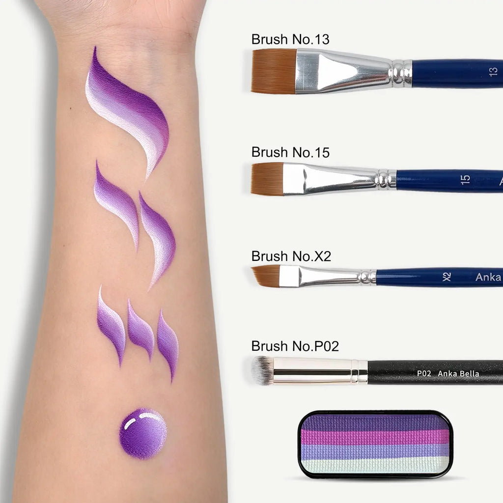 Anka Bella face paint swatch on arm with face painting brushes,Purple Magenta Lavender White