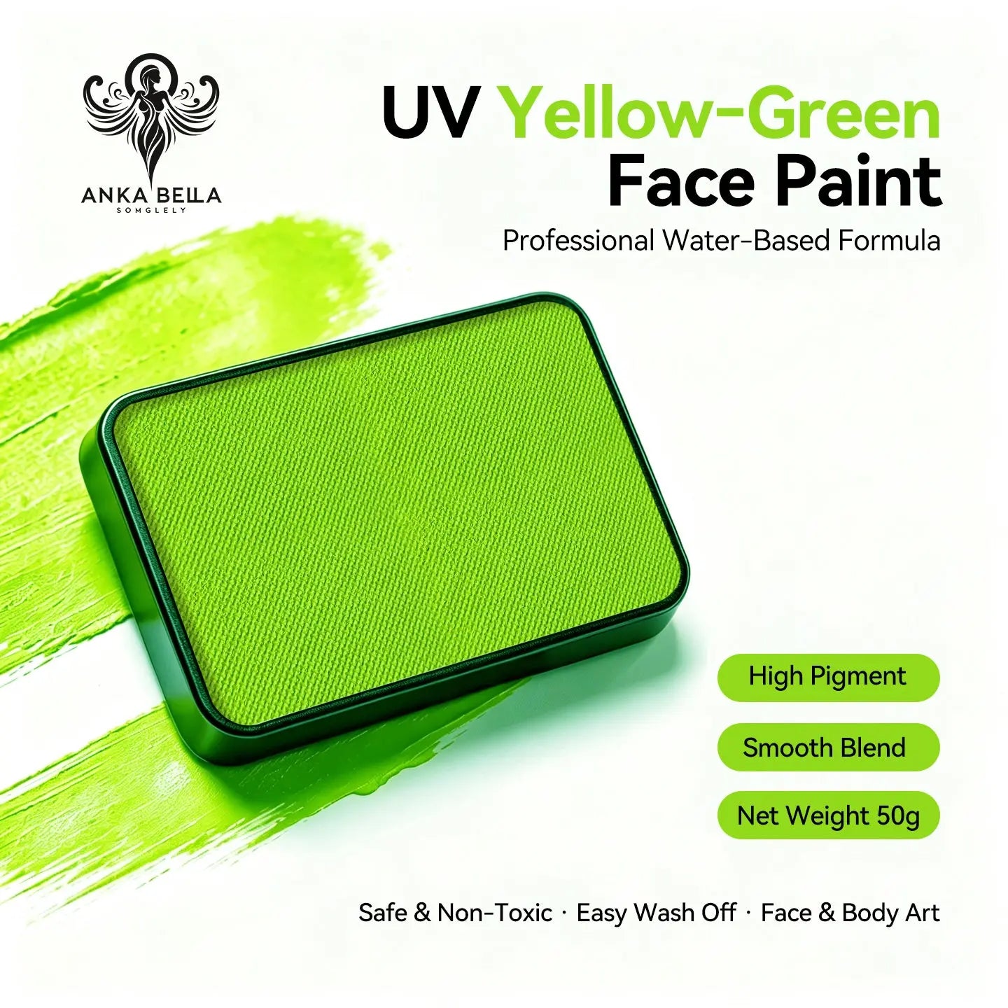 Anka Bella UV Yellow‑Green solid face paint cake 50g water‑based professional face body art paint
