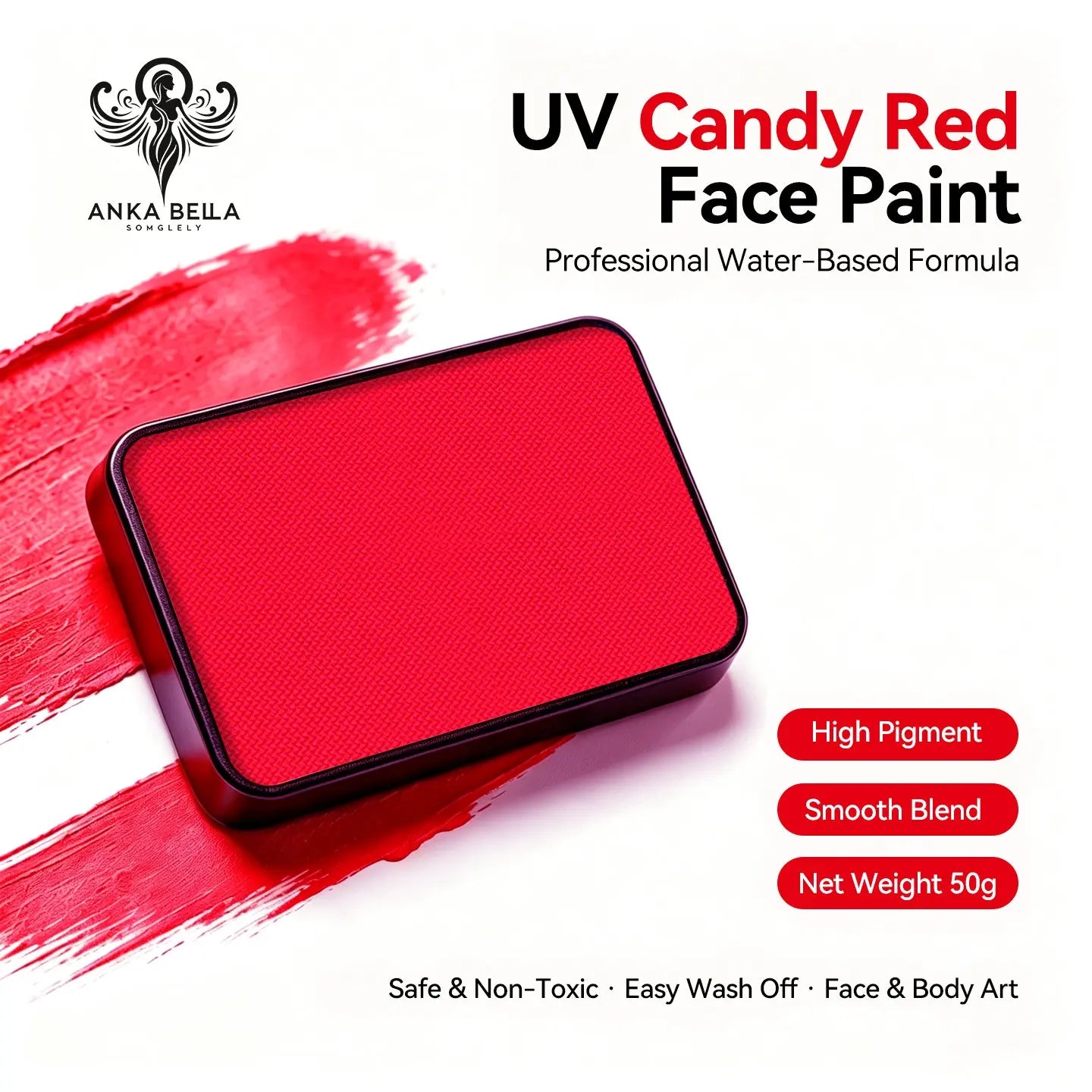 Anka Bella UV Candy Red solid face paint cake 50g water‑based professional face body art paint