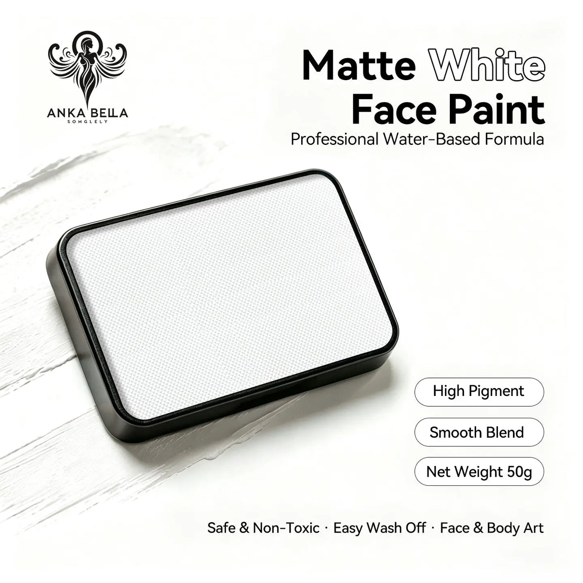 Anka Bella Matte White solid face paint cake 50g, professional water‑based high pigment bright matte white face and body art paint