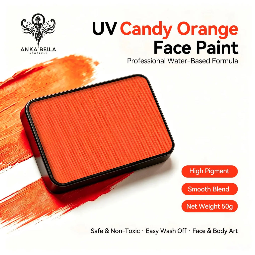 Anka Bella UV Candy Orange solid face paint cake 50g, professional water-based high pigment neon candy orange face and body art paint