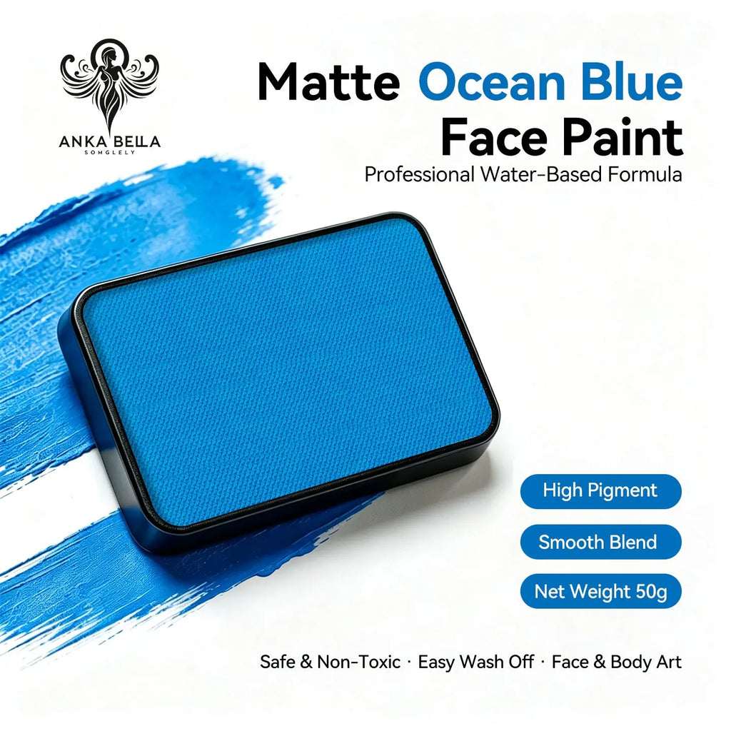 Anka Bella Matte Ocean Blue solid face paint cake 50g, professional water‑based high pigment bright ocean blue face and body art paint